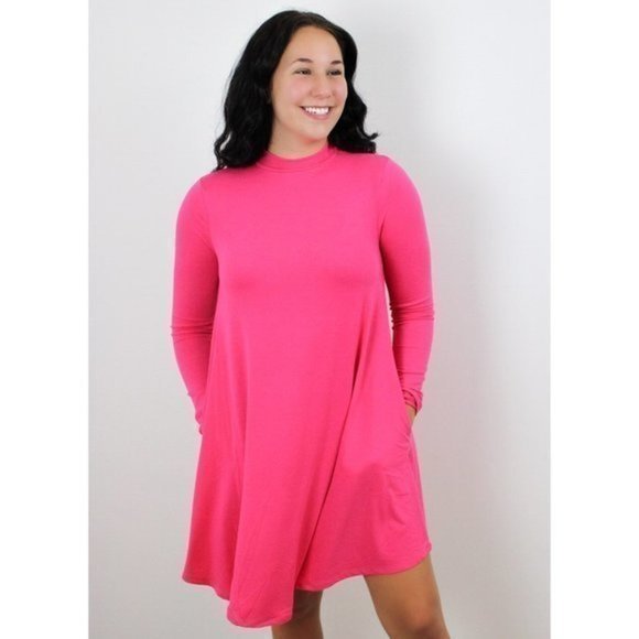 Dresses & Skirts - Long Sleeve Mock Neck Mini Dress - Hot Pink
